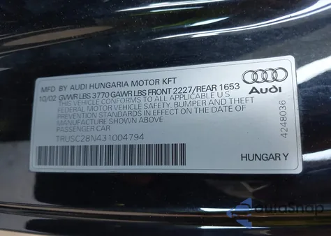 2003 Audi Tt 1.8L from USA, damaged, VIN TRUSC28N431004794